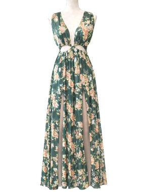 Hello Molly XS Green Floral Cutout Maxi Dress Open Back Sleeveless Boho Cottage